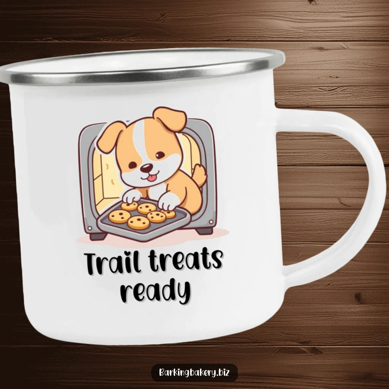 Funny dog camping mug, a cute dog slides cookies from a tiny oven, perfect for campfire coffee or tea with a smile.