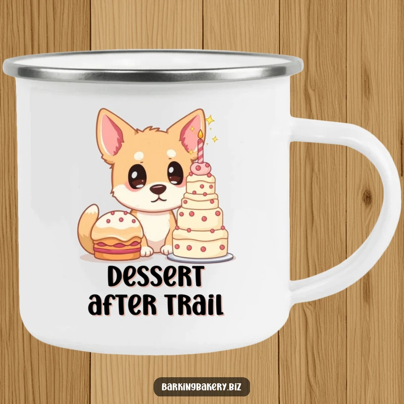 Funny dog camping mug, a dog with starry eyes gazes at a towering cake, perfect for campfire drinks with a sweet theme.