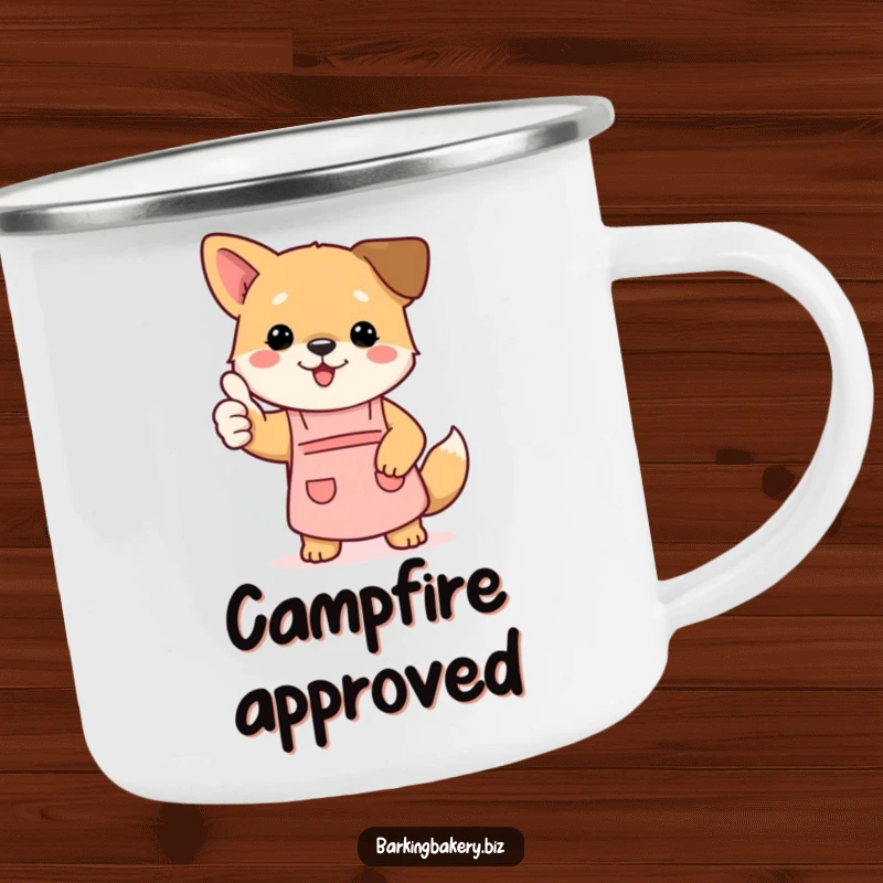 Funny dog camping mug showing a puppy in an apron giving a thumbs up, ideal for outdoor kitchen inspiration.