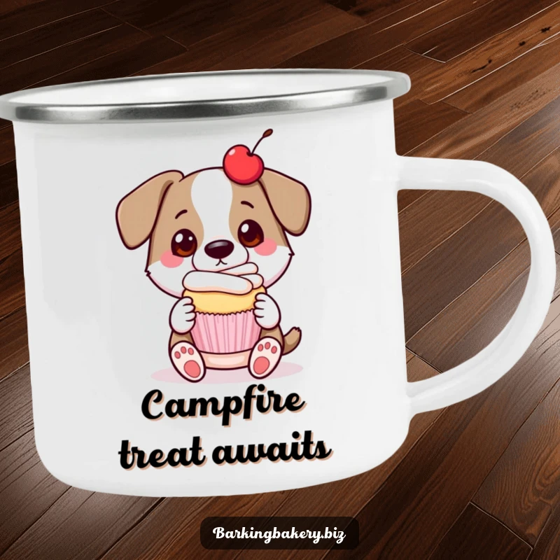 Funny dog camping mug illustration of a proud dog presenting a cupcake with a cherry on top, ready for adventure.
