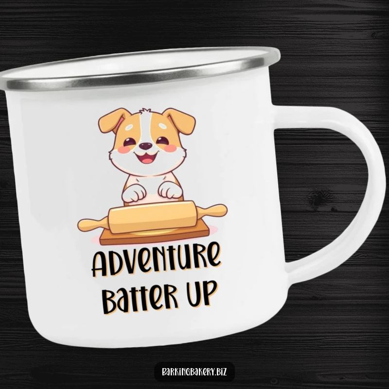 Funny dog camping mug with a dog playfully batting at a rolling pin with a big grin, great for outdoors.