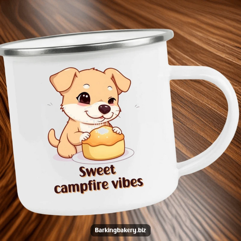 Funny dog camping mug illustration of a dog winking while sprinkling sugar onto a freshly baked treat, a baker's fun.