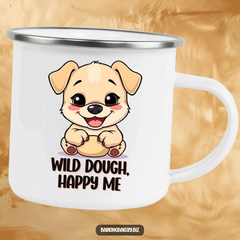 Funny happy puppy kneading dough with tiny paws, perfect for a durable and funny camping mug.