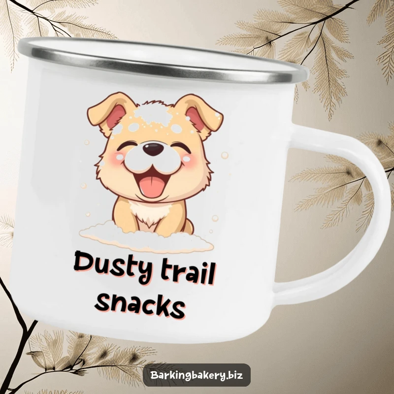 Funny dog giggling, covered in flour, a durable camping mug, ideal funny gift for outdoor lovers.