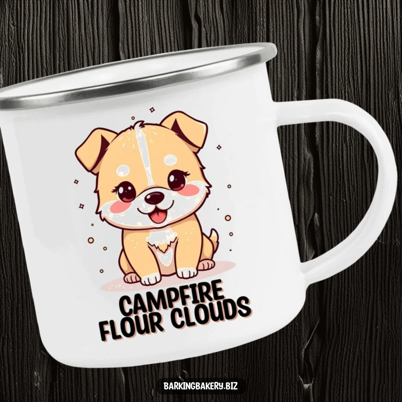 Funny camping mug with a cheerful dog sprinkling flour, designed for outdoor bakers and coffee lovers.