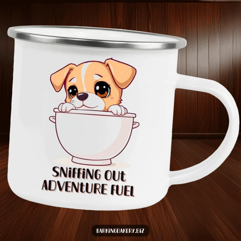 Funny dog peeking over a giant mixing bowl with curious eyes, a sturdy camping mug for outdoor fun.
