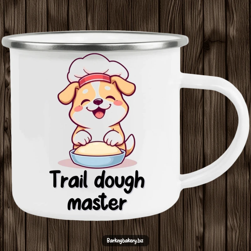 Funny camping mug showing a dog in a chef hat joyfully kneading dough with its paws, ready for adventure.