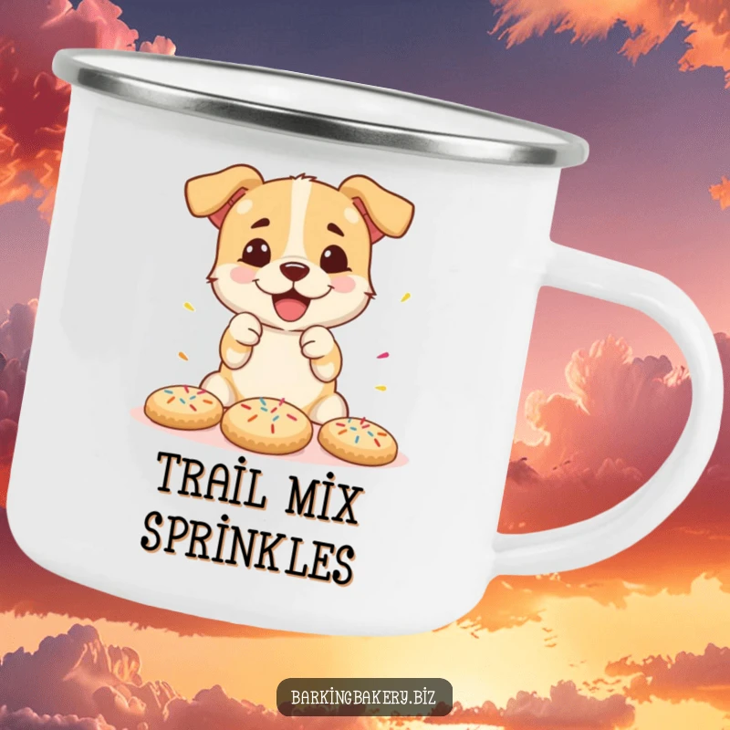 Funny camping mug with a dog excitedly decorating cookies with sprinkles, designed for outdoor enjoyment.