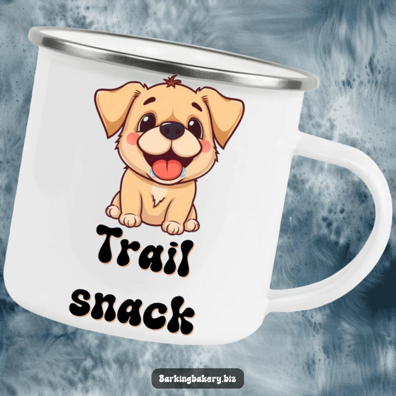 Funny enamel camping mug with a dog's drooling grin, eagerly anticipating a treat, ideal for outdoor fun.