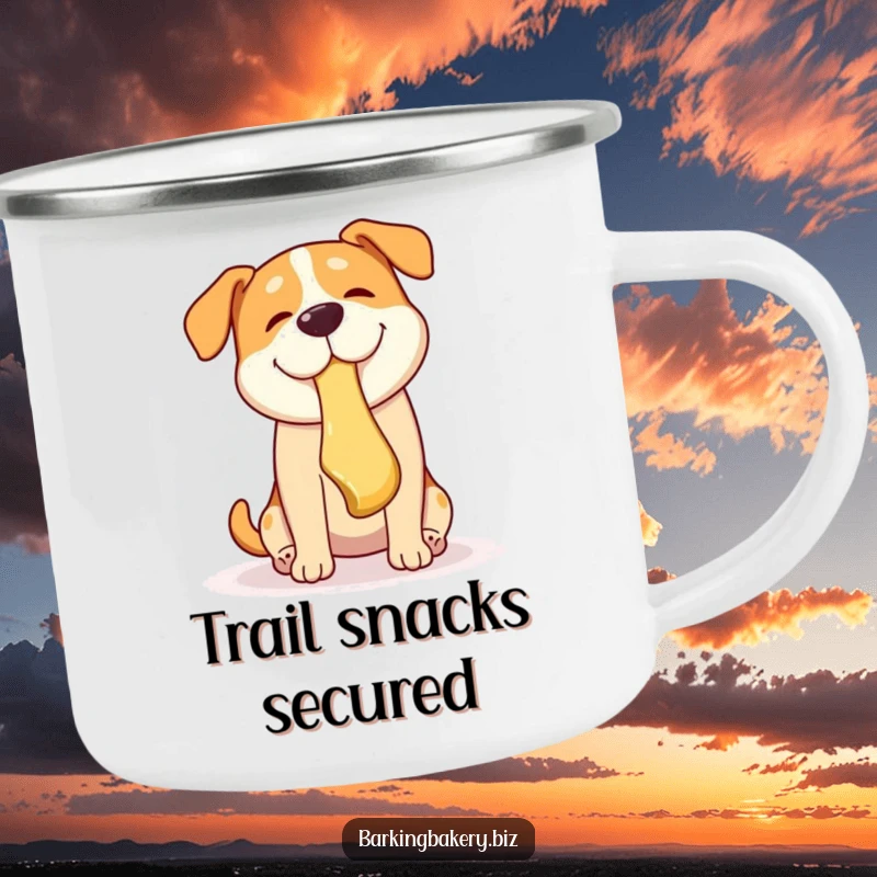 Funny dog camping mug illustration of a happy dog catching a falling pastry with its mouth during outdoor adventures.