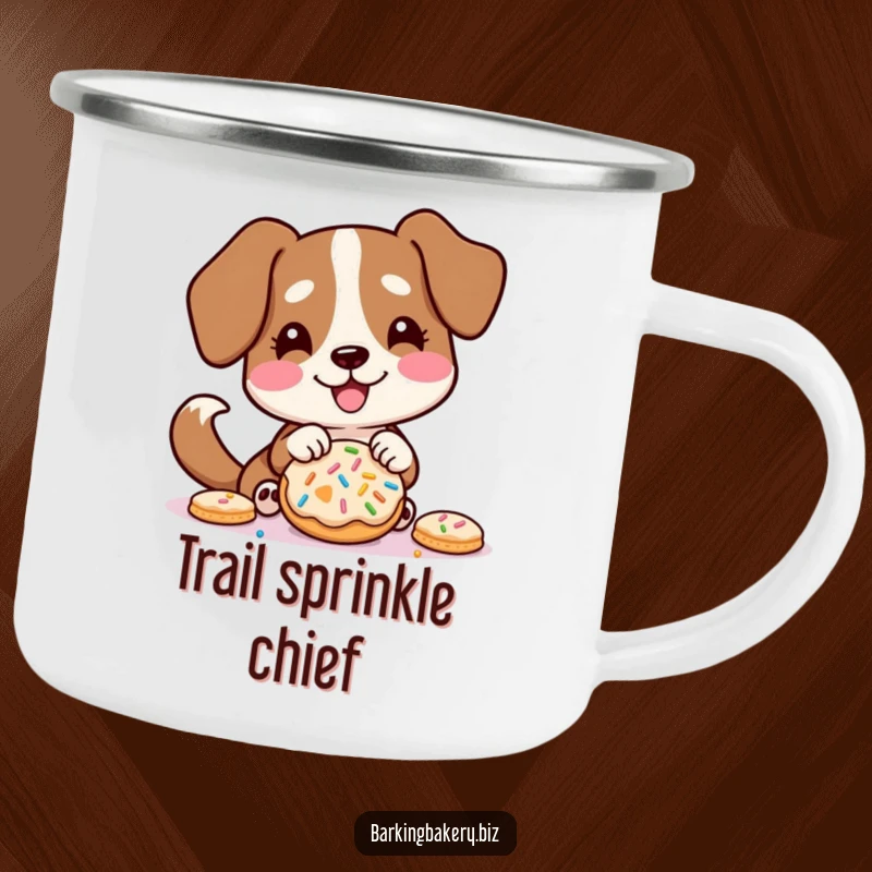 Funny camping mug showing a dog excitedly decorating a cookie with sprinkles, tail wagging happily.