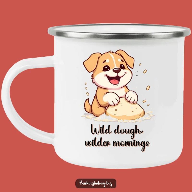 Funny Dog Baker Camping Mug: Flour Flying Pup Kneading Dough