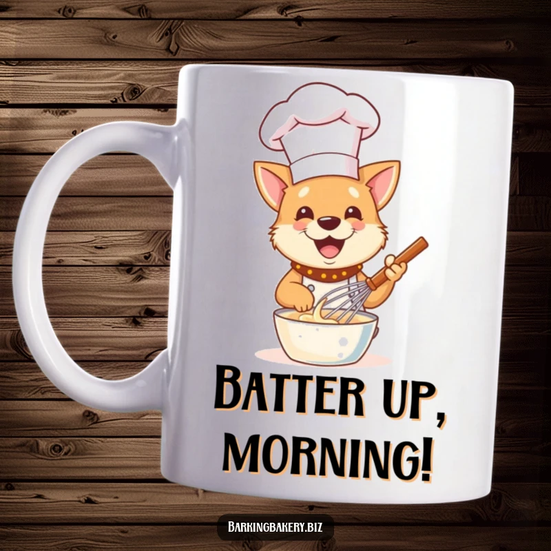 Funny Dog Chef Mug: A happy cartoon dog in a tall hat gleefully whisks batter, perfect for baking enthusiasts.