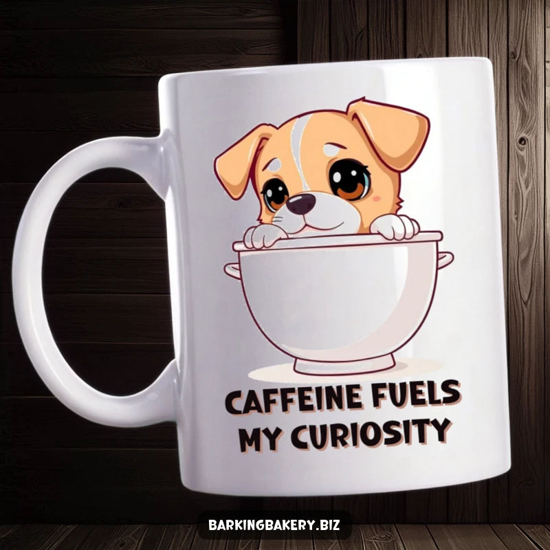 Funny dog peeking over a giant mixing bowl with curious eyes, a delightful mug for dog lovers.