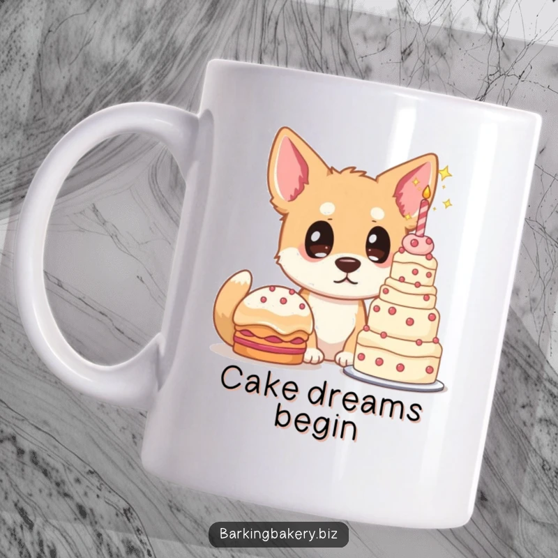 Funny dog mug, a dog with starry eyes gazes up in awe at a huge, towering cake creation, pure dessert adoration.