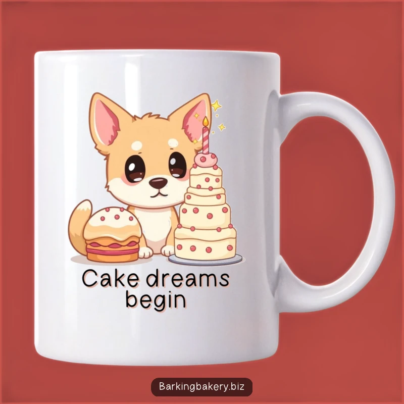 Funny Dog Cake Lover Mug: Starry-Eyed Pup & Towering Treat, Gift Idea