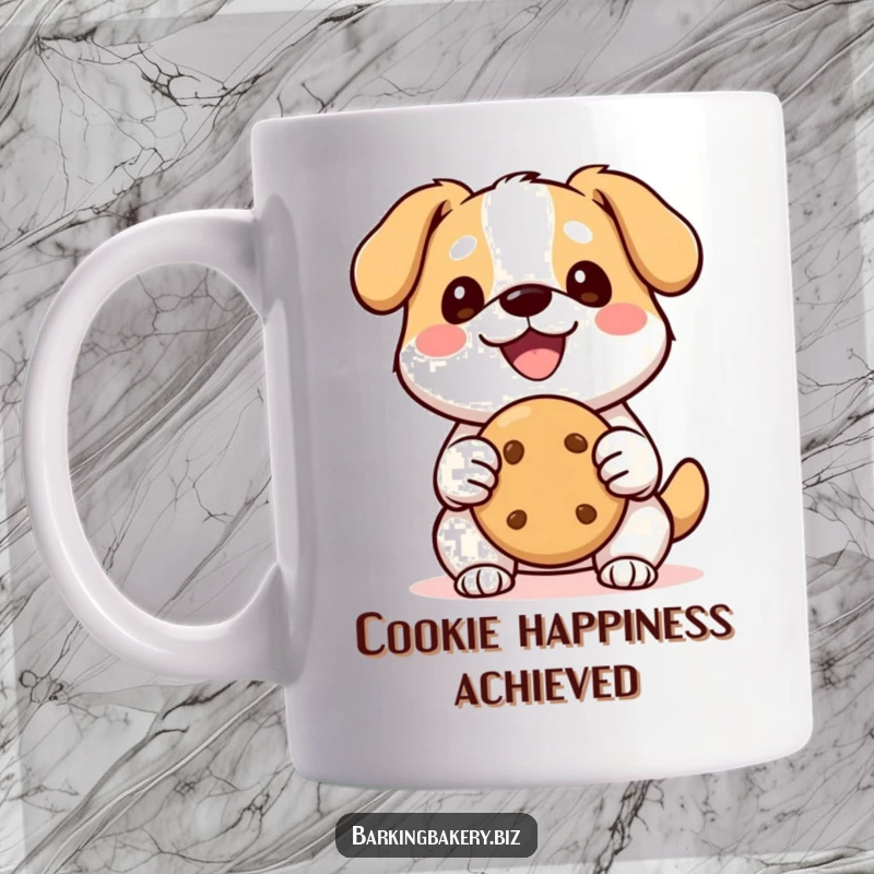 Funny Kawaii Dog Mug: A happy dog with a wide smile holds a perfectly baked cookie, radiating pure joy and cuteness.