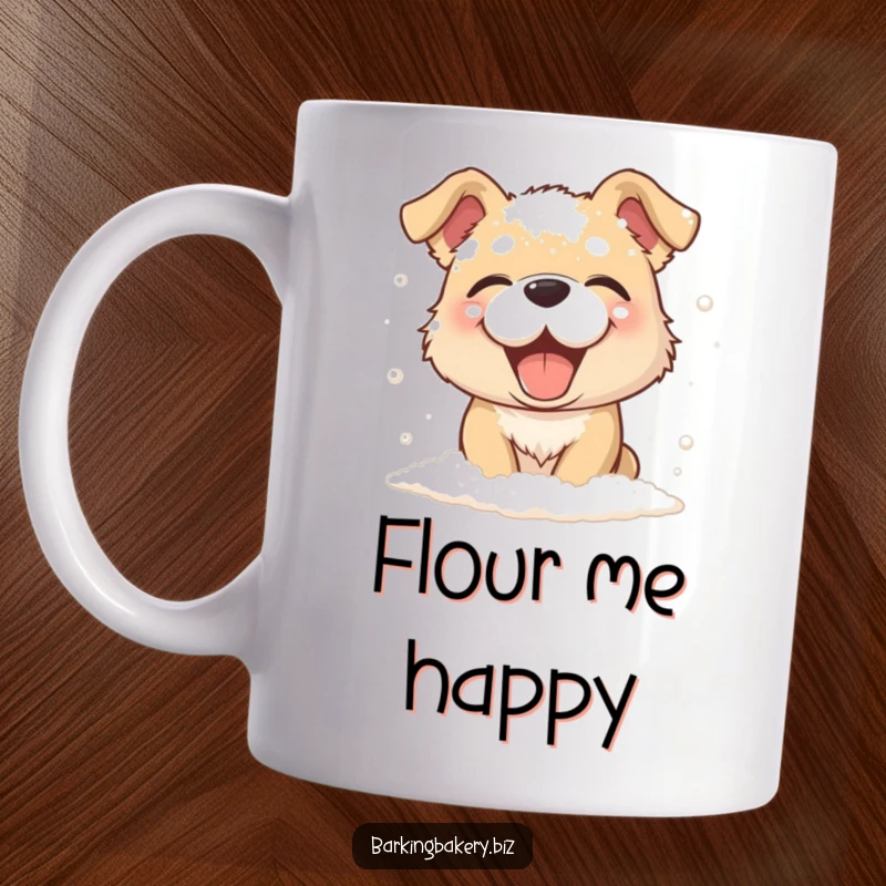 Funny dog giggling while covered in a dusting of flour, perfect funny gift for bakers and pet owners.