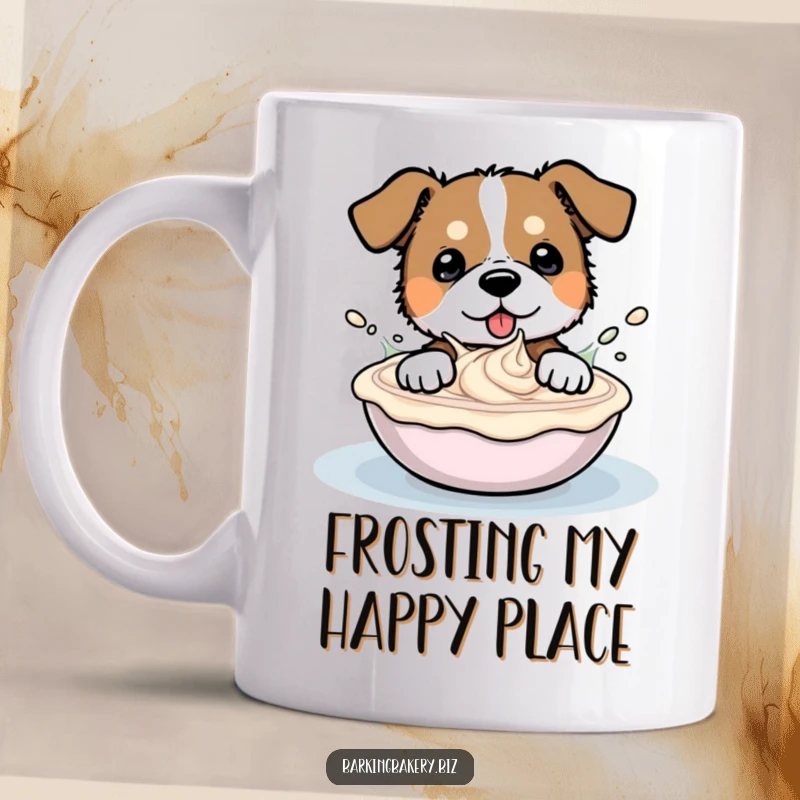 Funny mug showing a happy dog gleefully splashing around in a large bowl filled with sweet frosting.