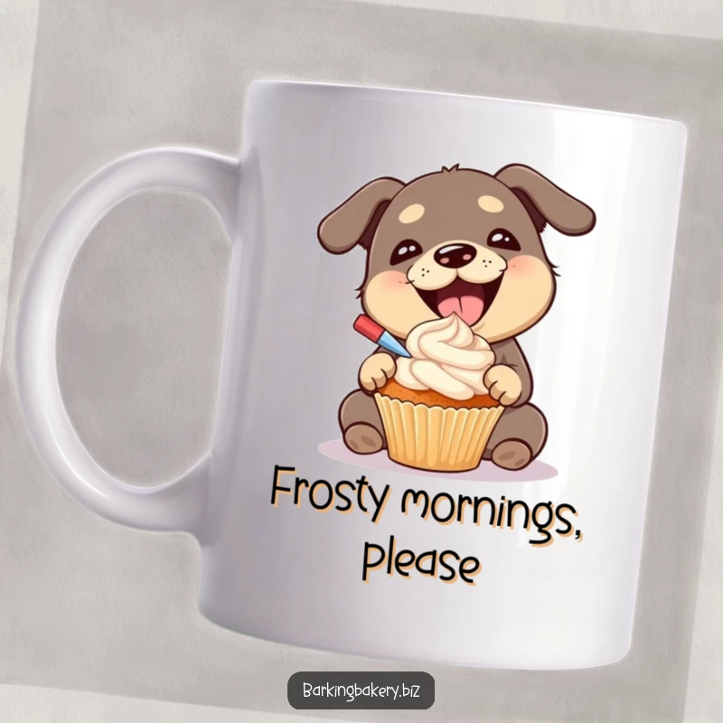 Funny dog mug depicting a gleeful dog with a big smile, proudly frosting a cupcake with a dollop of frosting.