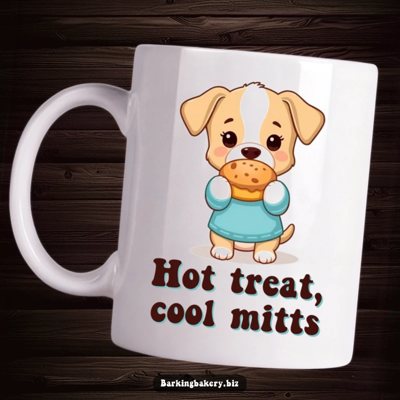 Funny Mug: A dog wearing oven mitts proudly displays a freshly baked treat, looking like a skilled canine baker.