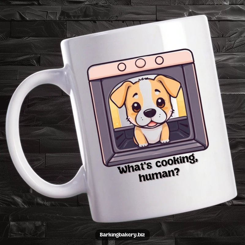 Funny Mug: A dog peeks into an oven with wide, curious eyes, full of anticipation for delicious baked goods.