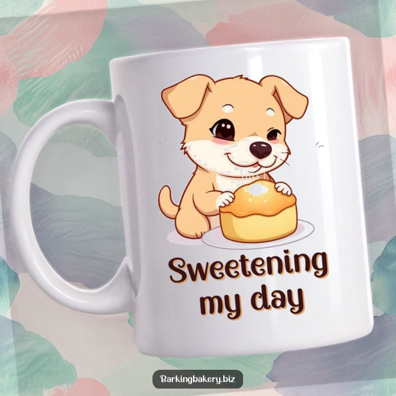 Funny dog mug art of a dog winking slyly while sprinkling sugar onto a freshly baked treat, a master baker.