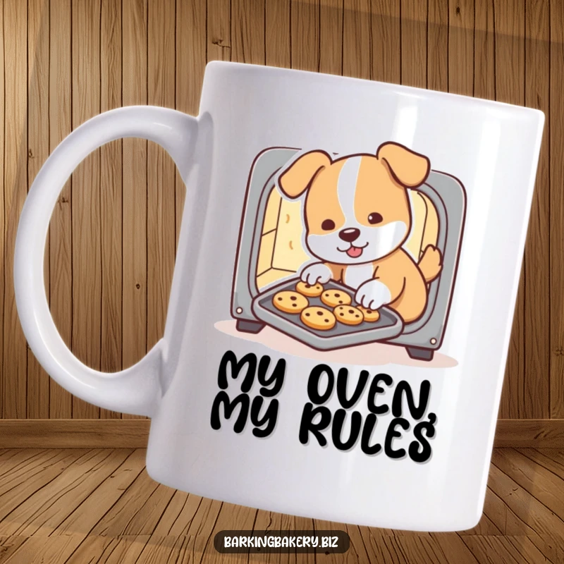 Funny dog mug, a cute pup slides a tray of freshly baked cookies from a miniature oven, looking very proud and determined.