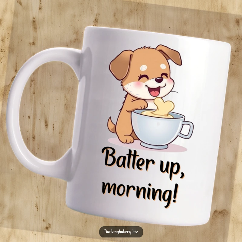 Funny dog mug art of a happy dog with tongue out, happily sampling batter from a mixing bowl, a baking thief.
