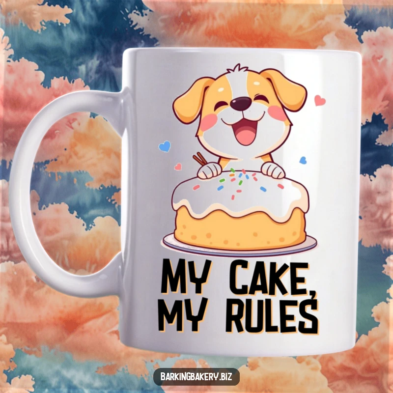 Funny mug with a happy dog covering a cake in sprinkles, showing overflowing enthusiasm for baking treats.