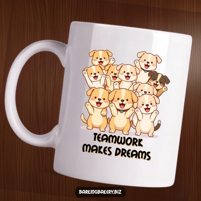 Funny Dog Cheer Squad Mug: Various cute dogs with paws raised cheer joyfully, creating a scene of pure canine excitement.