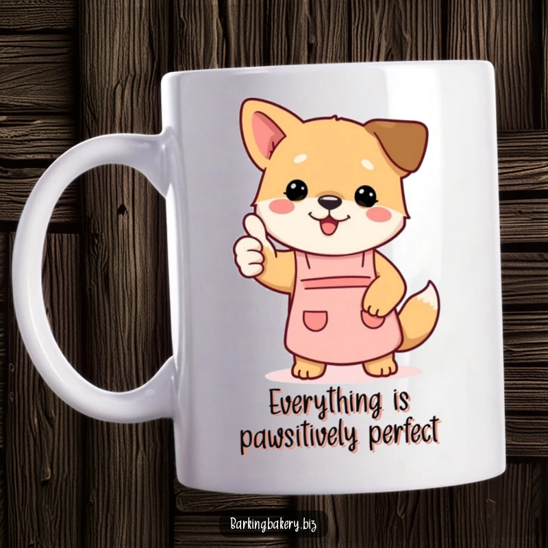 Funny dog mug featuring a cute puppy wearing a tiny apron and giving a confident thumbs up, approving your cooking.