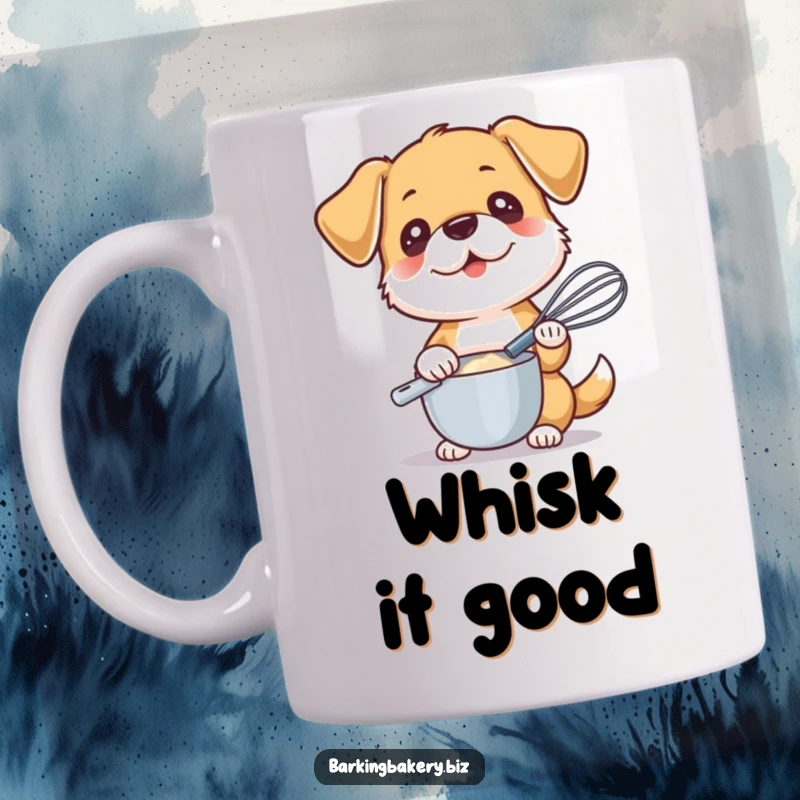 Funny dog holding a whisk, looking eager to mix ingredients, depicted on a mug for bakers.