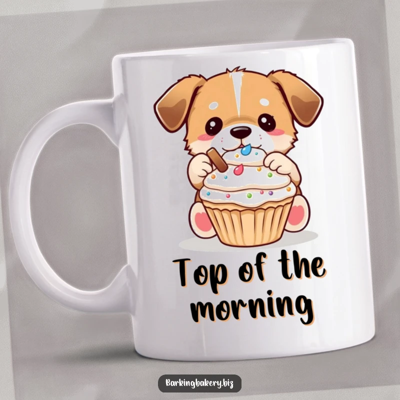 Funny Dog Decorator Mug: A focused dog carefully places colorful toppings on a delicious cupcake.