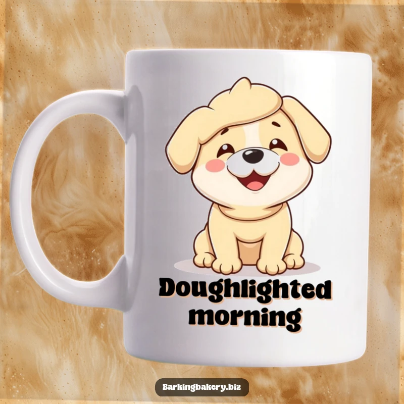 Funny mug showing a happy dog completely covered in sticky dough, wiggling with absolute glee and excitement.
