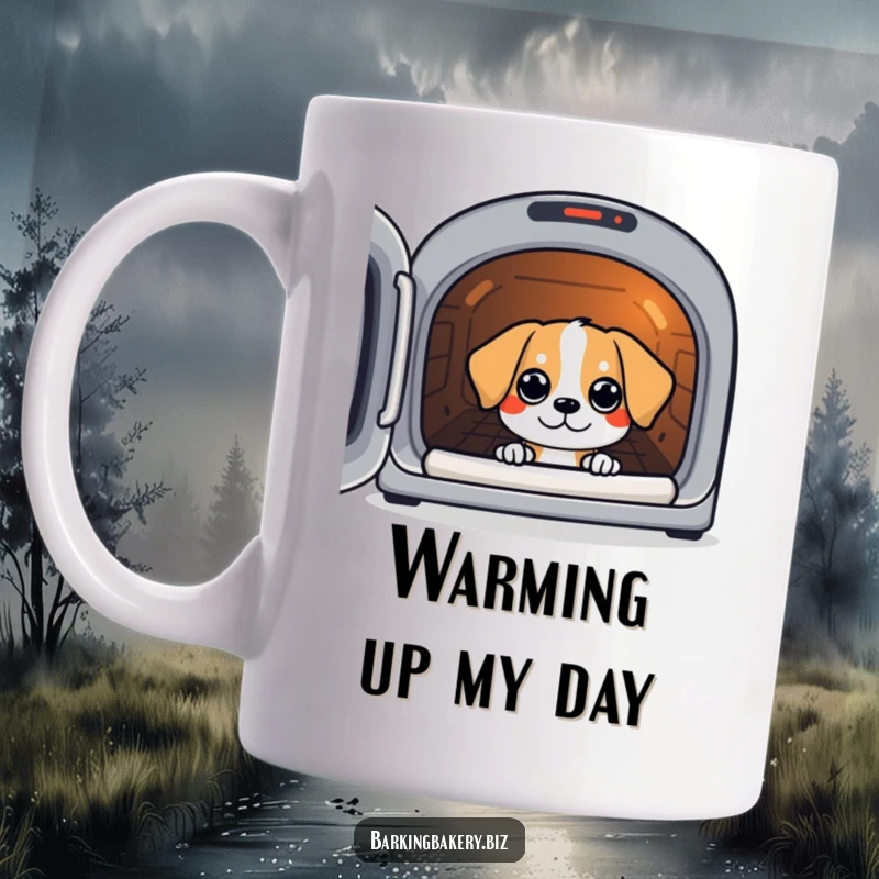 Funny mug featuring a dog peeking eagerly into a warm oven with bright, hopeful eyes.