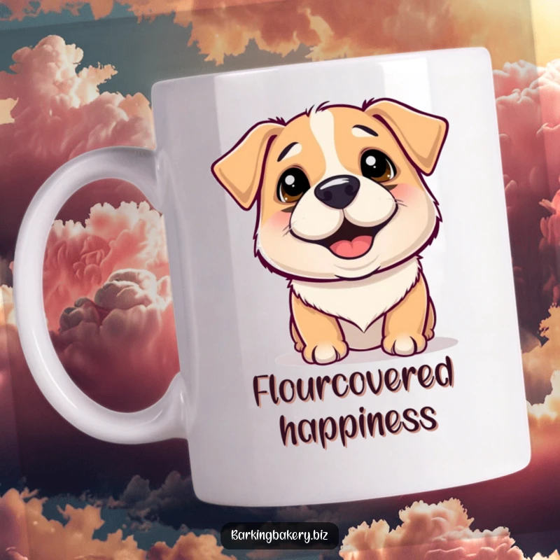 Funny Mug: A happy dog with a flour smudge on its nose wiggles with pure delight and infectious energy.