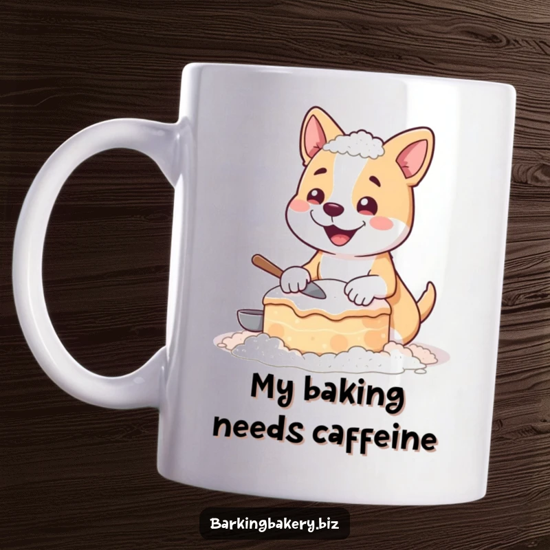 Funny mug featuring a happy dog completely covered in flour, looking proud of its messy, lopsided baked cake creation.