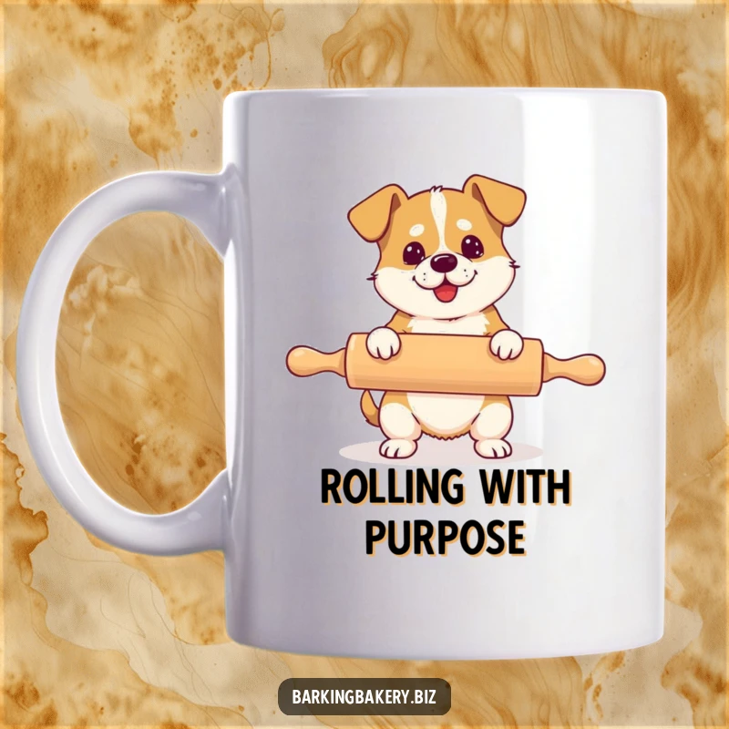 Funny mug featuring a dog hilariously attempting to use a rolling pin that is much too large for its body.