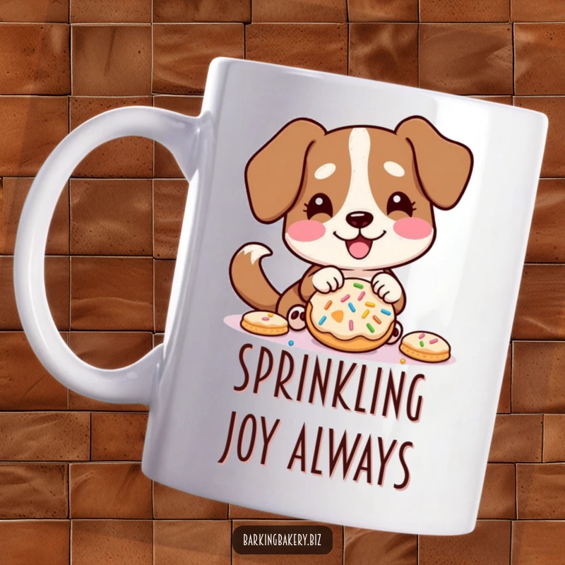 Funny mug featuring a dog excitedly decorating a cookie with colorful sprinkles, its tail wagging with pure delight.
