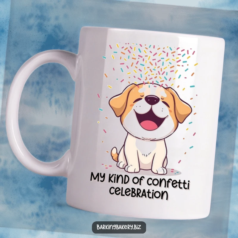 Funny dog mug with a cute pup giggling as colorful sprinkles rain down on its head in a delightful, messy shower.