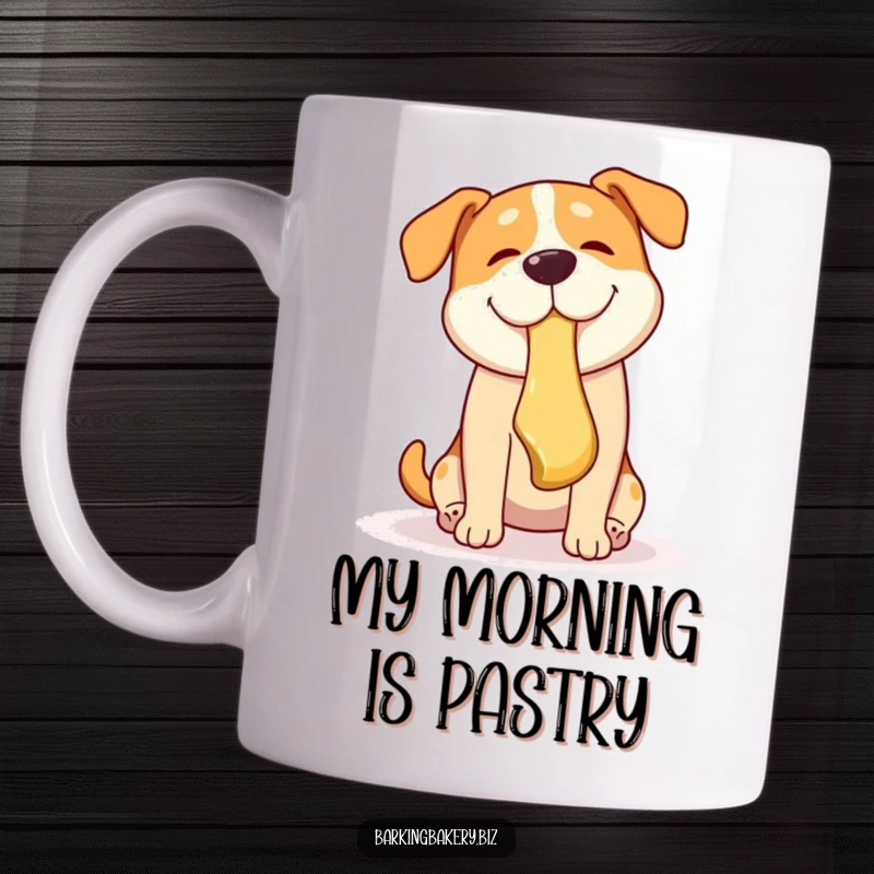 Funny dog mug with a golden retriever mid-air, catching a falling croissant with its mouth, looking delighted.