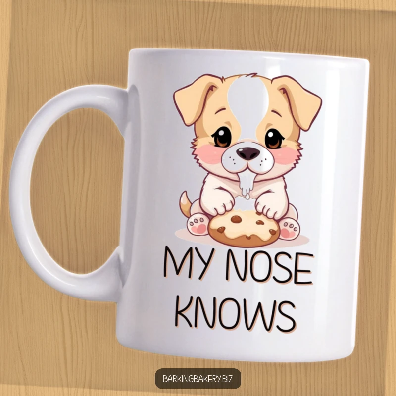 Funny Puppy Baker Mug: A cute puppy with flour on its nose lovingly pats a freshly baked cookie.