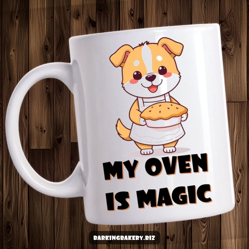 Funny dog baker mug featuring a cute dog in an apron holding a delicious steaming pie, perfect for baking enthusiasts.