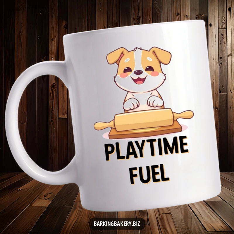 Funny dog mug with a happy dog playfully batting at a rolling pin with a big grin, a playful baker.