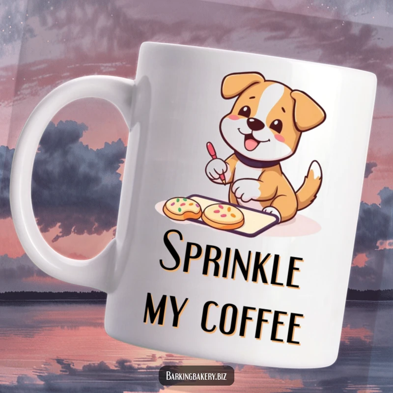 Funny Mug: A dog with a wagging tail happily decorates cookies with colorful sprinkles, embodying baking delight.