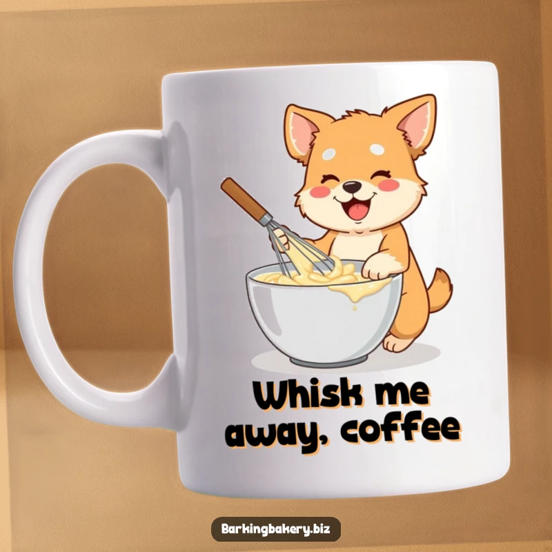 Funny dog mug depicting an energetic dog holding a large whisk, vigorously mixing batter in a bowl, a true kitchen artist.