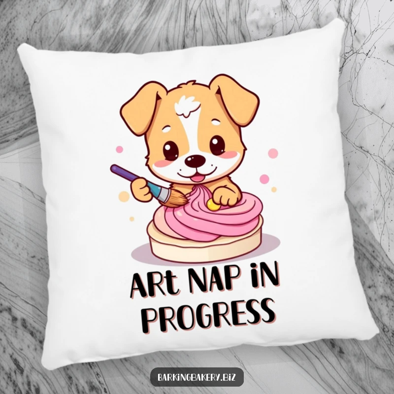 Funny dog pillow showcasing a cute pup artistically painting beautiful swirls into colorful frosting.