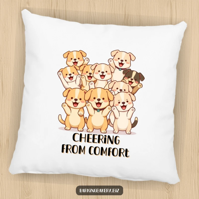 Funny Dog Cheer Squad Pillow: A group of cute dogs cheer with paws raised, offering soft comfort and team spirit humor.