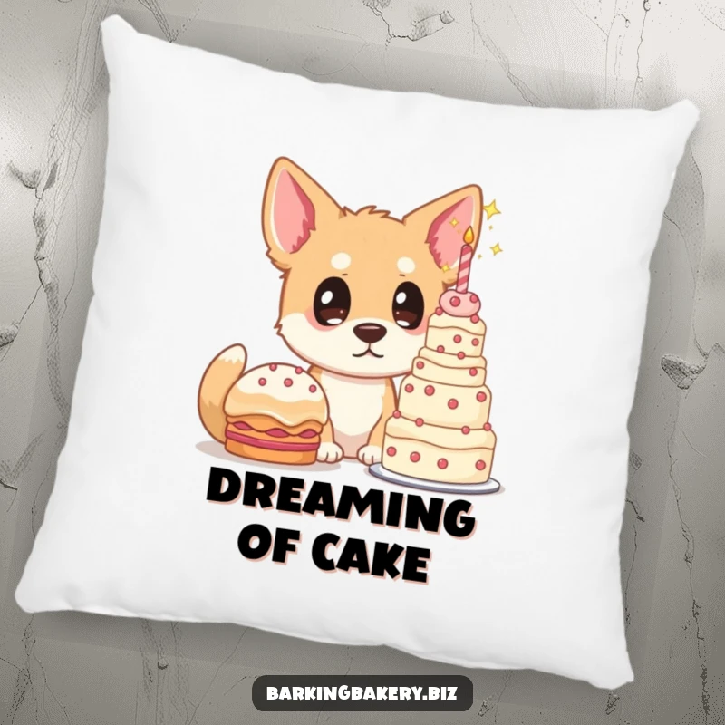 Funny dog pillow, a dog with starry eyes gazes at a towering cake, soft and humorous decor for sweet dreamers.